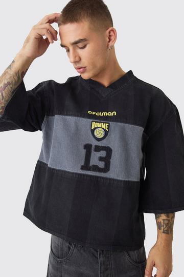 Oversized Geborduurd Voetbal Denim T-Shirt washed black