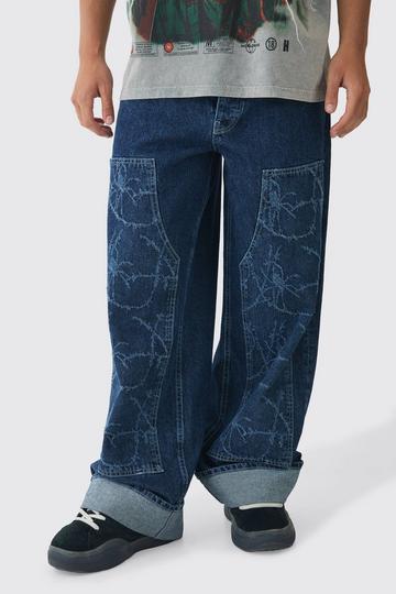 Baggy Fit Rigid Barbed Wire Laser Print Carpenter Jeans indigo