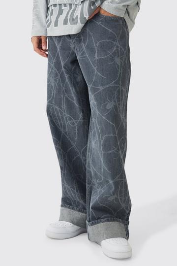 Baggy Fit Rigid Barbed Wire Laser Print Jeans grey