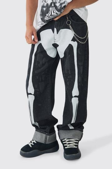 Black Relaxed Rigid Skeleton Printed Jeans With Chain