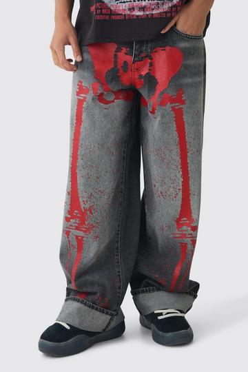 Black Baggy Fit Rigid Red Skeleton Printed Jeans