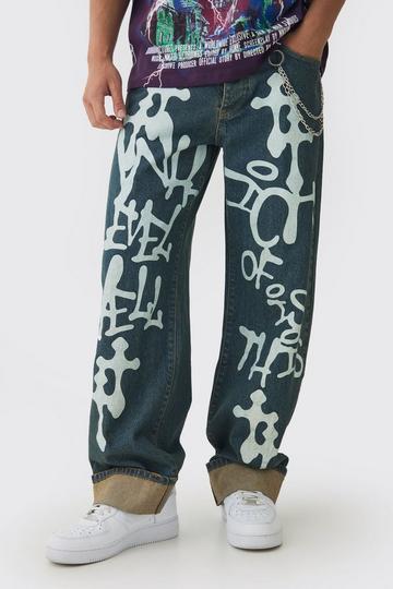 Relaxed Rigid Graffiti Spray Printed Jeans antique blue