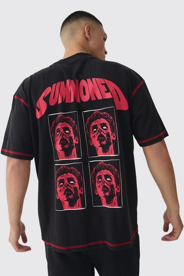 Black Oversized Extended Neck Contrast Stitch Summoned Print T-Shirt