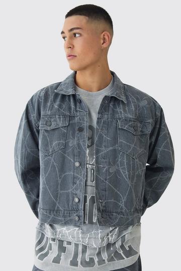 Boxy Fit Barbed Wire Laser Print Denim Jacket grey