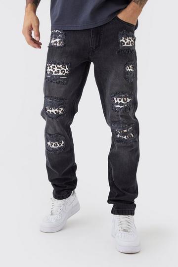 Slim Fit Rip & Repair Leopard Print Jeans black