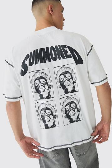 Oversized Extended Neck Contrast Stitch Summoned Print T-Shirt white