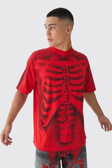 Oversized Extended Neck Skeleton Print T-Shirt red