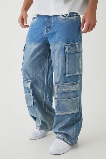 Baggy Rigid Sliver Metallic Coated Denim Cargo Jeans mid blue