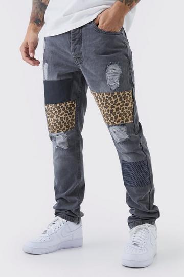 Slim Fit Patchwork Leopard Ripped Jeans mid grey