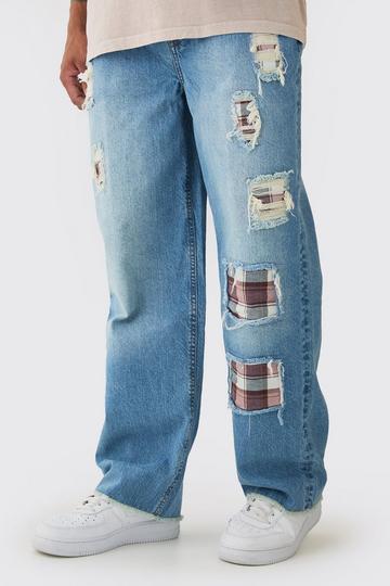 Relaxed Fit Rip & Repair Check Patchwork Jeans mid blue