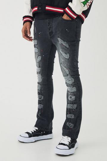 Skinny Flared Ripped Stitch Detail Paint Splatter Jeans washed black