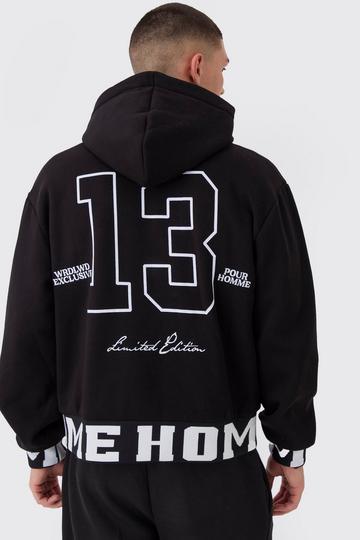 Oversized Boxy Varsity Printed Zip Through Hoodie black