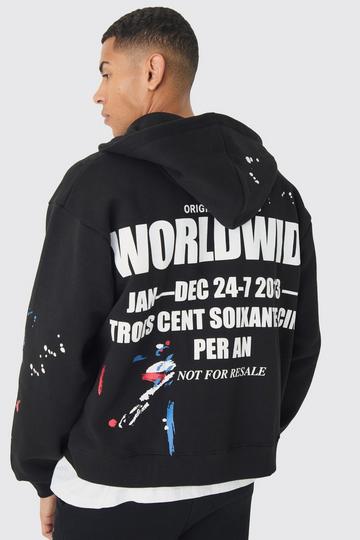 Black Oversized Boxy Paint Splatter Printed Zip Through Hoodie