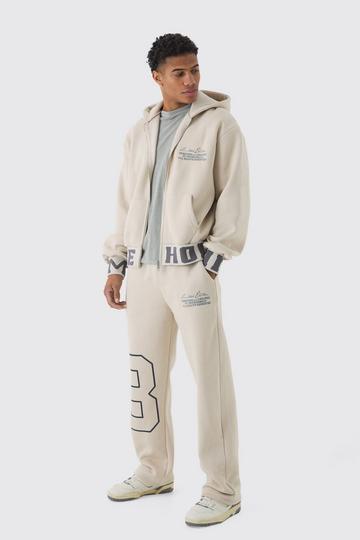 Stone Beige Oversized Boxy Varsity Printed Zip Through Tracksuit