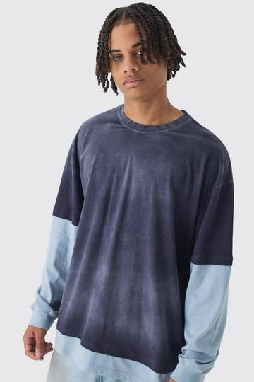 Navy Oversized Faux Long Sleeve Acid Wash T-Shirt