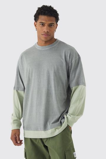 Oversized Faux Long Sleeve Acid Wash T-Shirt khaki