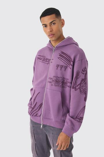 Purple Oversized AOP Doodle Zip Through Hoodie