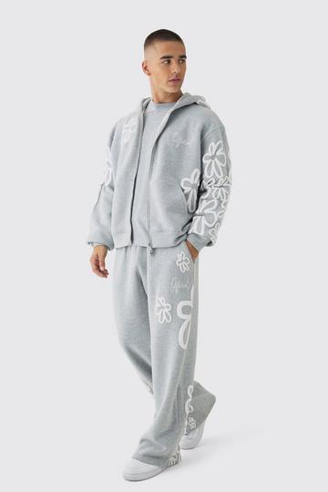 Oversized Boxy Floral Puff Print Zip Through Tracksuit grey marl