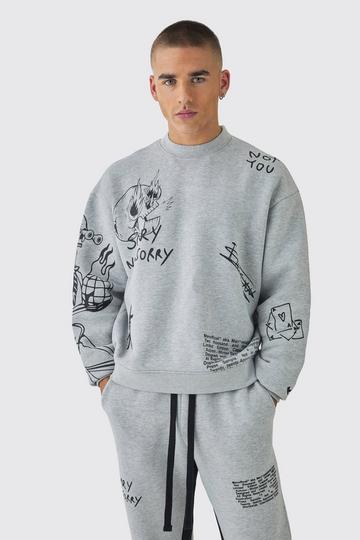 Grey Oversized AOP Doodle Extended Neck Sweatshirt