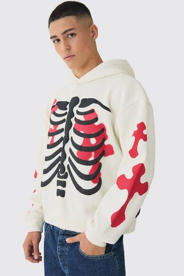 Oversized Boxy Skeleton Puff Print Cross Hoodie ecru