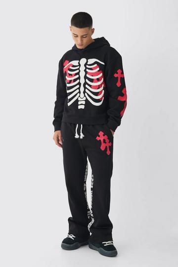 Black Oversized Boxy Skeleton Puff Print Cross Tracksuit