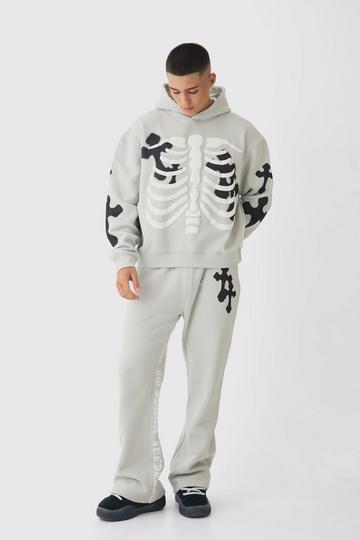 Oversized Boxy Skeleton Puff Print Cross Tracksuit grey