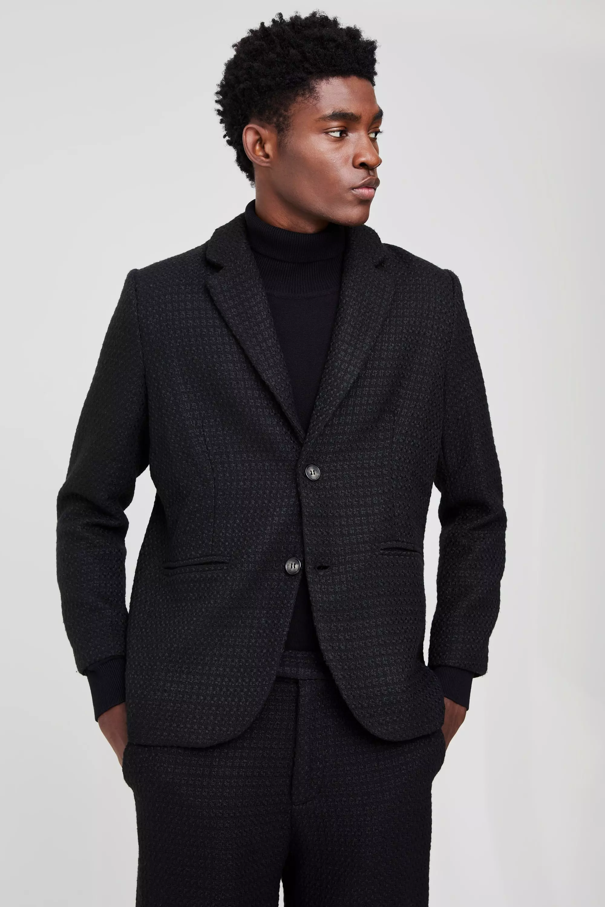 Black Straight Fit Boucle Single Breasted Blazer صورة بديلة