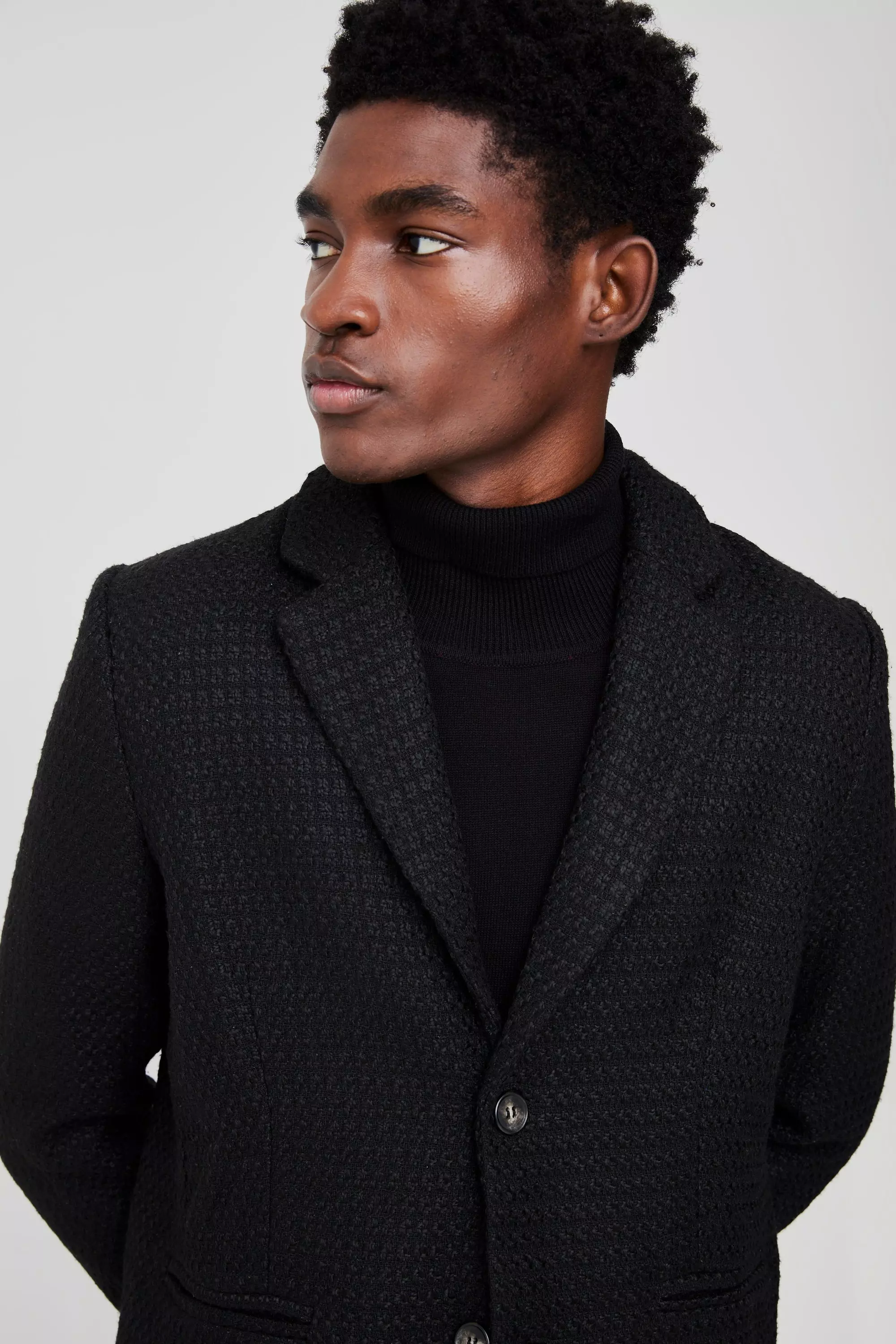 Black Straight Fit Boucle Single Breasted Blazer صورة بديلة