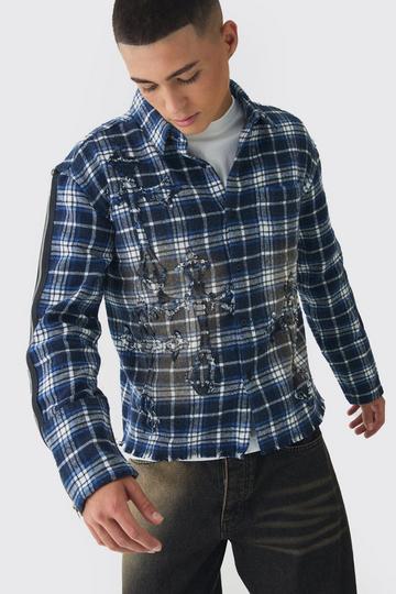 Oversized Boxy Cross Applique Check Shirt blue