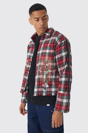 Oversized Boxy Cross Applique Check Shirt red