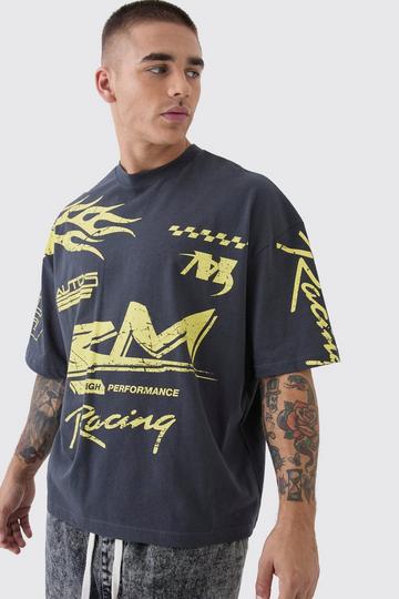 Oversized Boxy Moto Racing Flame T-Shirt charcoal