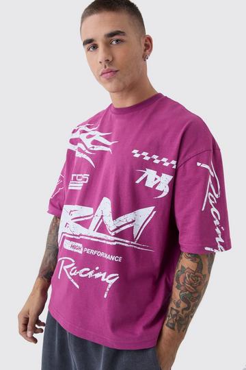 Burgundy Red Oversized Boxy Moto Racing Flame T-Shirt