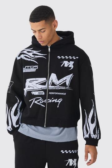 Black Oversized Boxy Moto Racing Flame Zip Through Hoodie