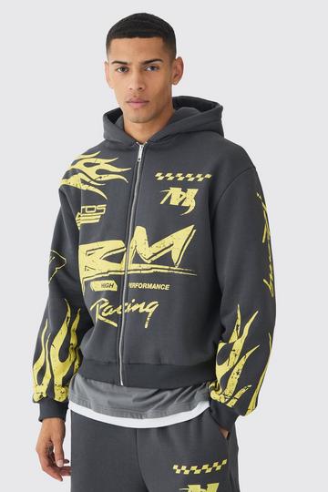 Charcoal Grey Oversized Boxy Moto Racing Flame Zip Through Hoodie