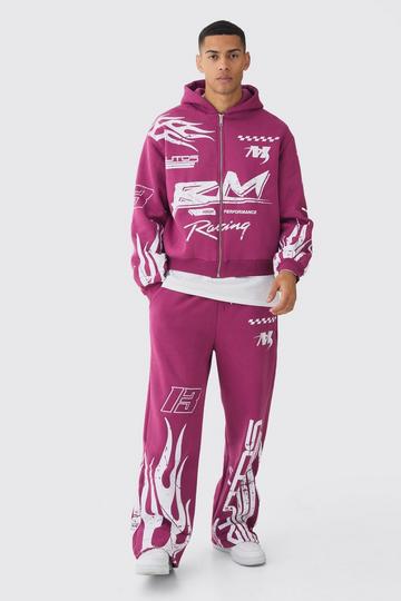 Burgundy Red Oversized Boxy Moto Racing Flame Hoodie and Wide Leg Jogger Tracksuit