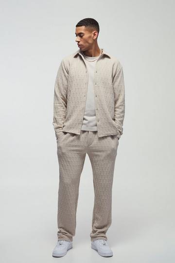 Long Sleeve Textured Stretch Shirt And Trousers Set stone