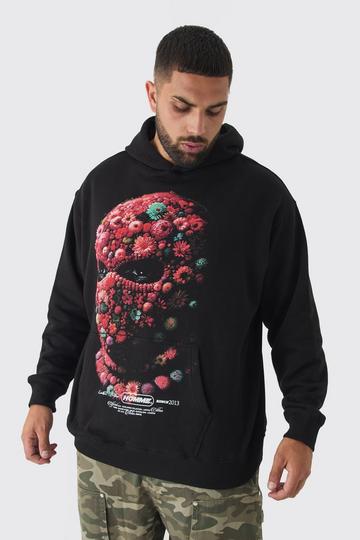 Plus Oversized Floral Balaclava Print Hoodie black