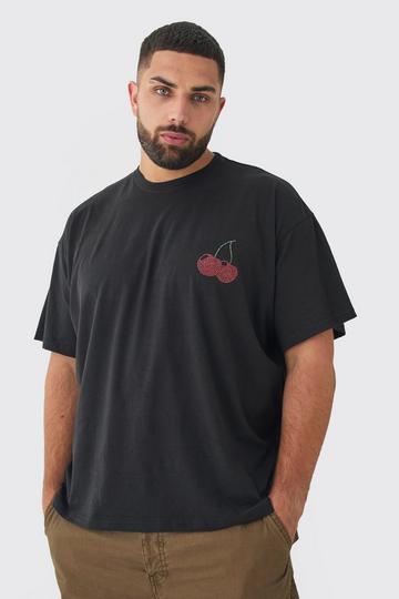 Plus Oversized Cherry Rhinestone Printed T-Shirt In Black black