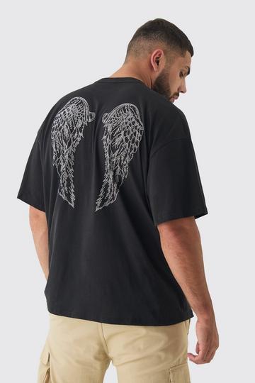 Black Plus Angel Wing Rhinestone Printed T-Shirt In Black