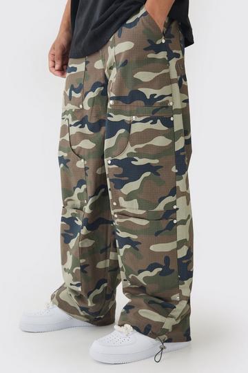 Ripstop Elasticated Waist Baggy Camo Carpenter Trousers khaki