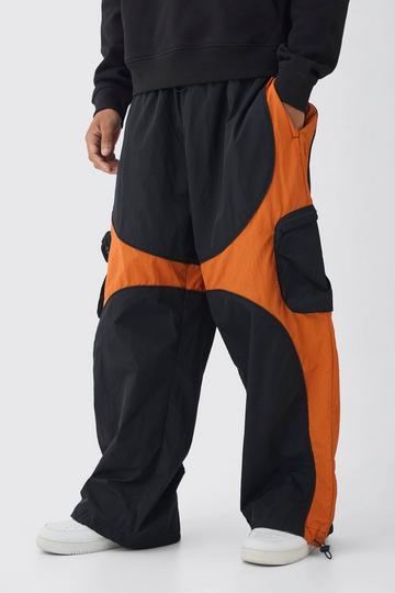 Elasticated Waist Parachute Contrast Panelled Cargo Trousers black