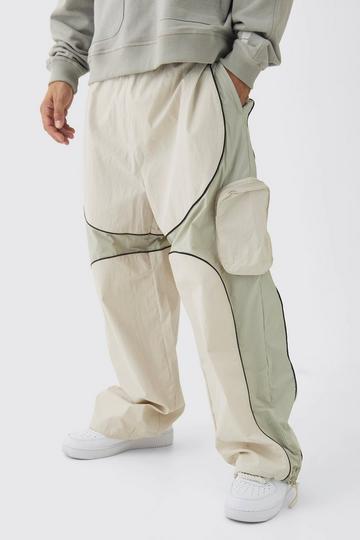 Stone Beige Elasticated Waist Parachute Contrast Panelled Cargo Trousers