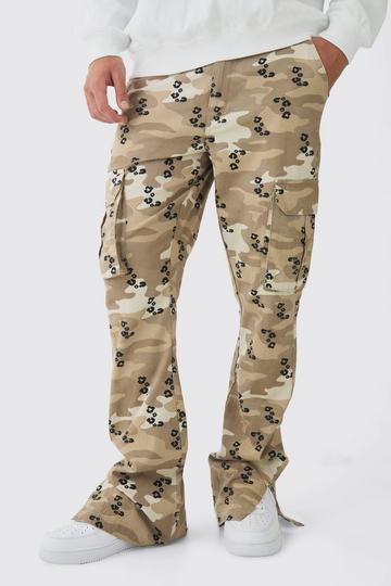 Fixed Waist Slim Flare Stacked Camo Leopard Cargo Trousers brown