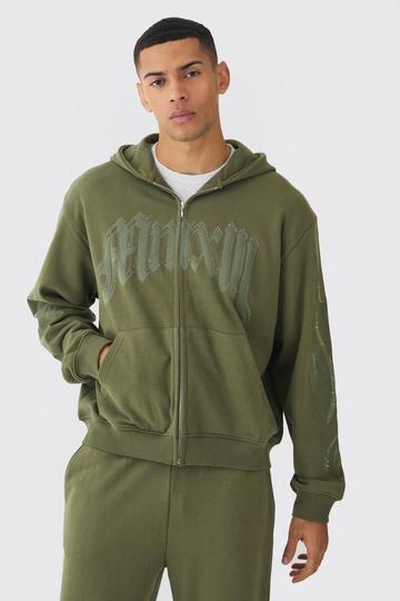 Oversized Boxy Gothic Rhinestone Loopback Zip Through Hoodie khaki