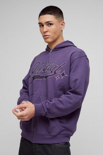 Oversized Official Rhinestone Loopback Zip Through Hoodie purple