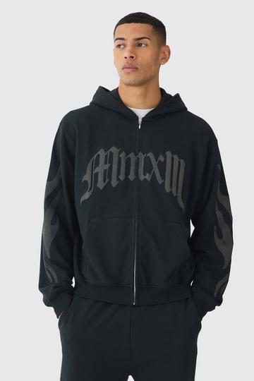 Oversized Boxy Gothic Rhinestone Loopback Zip Through Hoodie black