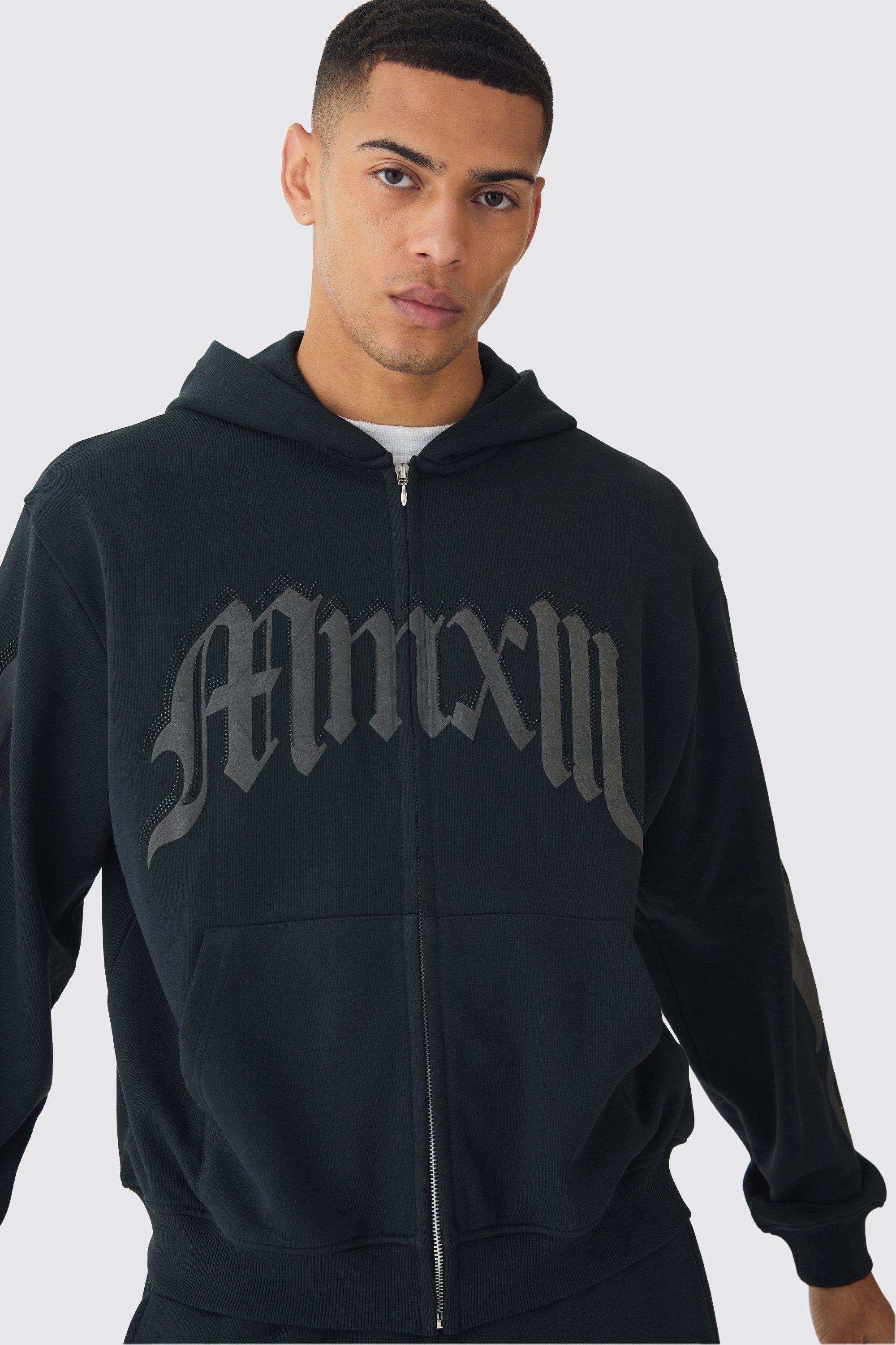 Oversized Boxy Gothic Rhinestone Loopback Zip Through Hoodie
