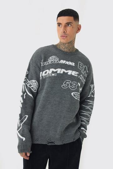 Tall Distressed Moto Crew Neck Jumper charcoal