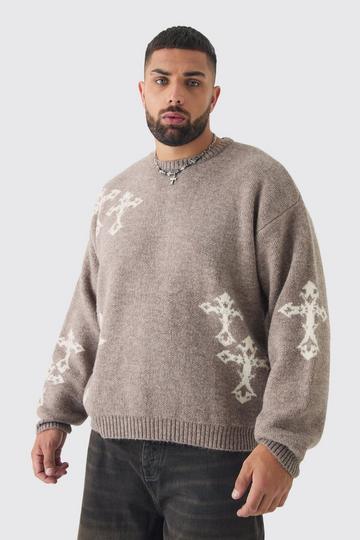 Stone Beige Plus Gothic Cross Oversized Fluffy Knitted Sweat