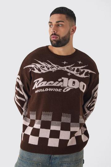 Brown Plus Moto Crew Neck Knitted Jumper In Brown